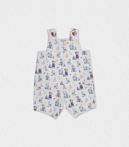Baby boy dungarees with bear button details, perfect for summer.