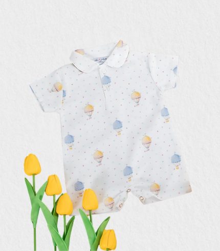 Baby boy romper featuring a hot air balloon print, perfect for summer.