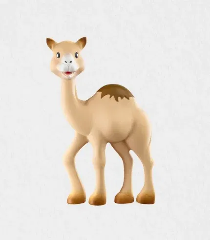 Close-up of the 18 cm Natural Rubber Teether dromedary by Sophie La Girafe showing soft touch texture, easy-grab legs, and long neck crafted from 100% natural rubber with food grade paint finish—Dubai baby gift shipped worldwide
