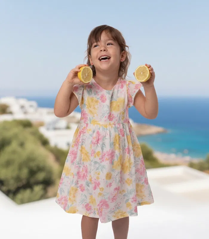 DRESS-EUGENIE-YELLOW-PINK-FLOWER-1A light girls dress babywear
